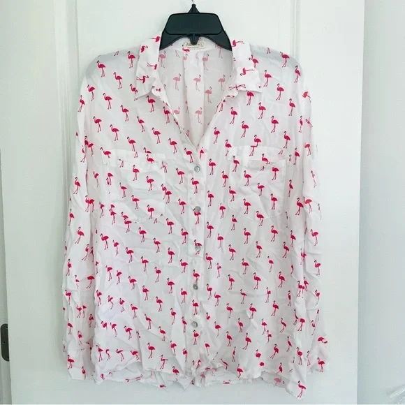 Just Living Flamingo Print Button Down Top Pink White Size L - Picture 1 of 15